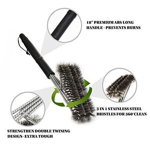 BBQ Grill-Bürste von asscom TM – 18 „- 3 Edelstahl-Bürsten in 1 und einen kleinen 100% kleine Silikonpinsel – Best Barbecue-Reiniger Werkzeuge Zubehör – Outdoor-Küche Drahtborsten Reinigung Grates Parts Set Weber Holzkohle, Charbroil, Gas, elektrischer Handgriff, Porzellan, Infrarot-Grills - 5