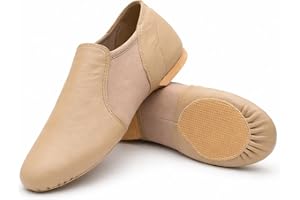 iKelpie Slip On Tan Jazz Dance Shoes – Soft Leather Split Sole, Flexible Neoprene Upper, Rubber Heel – Lightweight Modern Sta