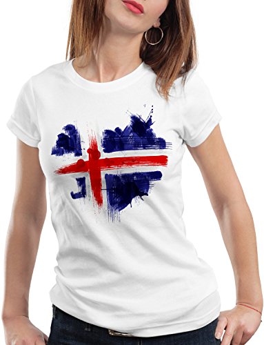 CottonCloud Flagge Island Damen T-Shirt Fußball Sport Iceland WM EM Fahne, Farbe:Weiß, Größe:M