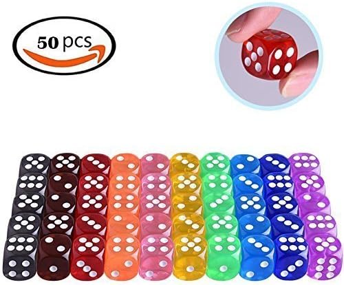 Cubic Dice 6-Sided 50pcs White/Black Pips Dots 14mm Transparent Regular Dice Round Corner for Board Games Activity and Party with Dice Bag