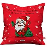 Indigifts Micro Satin Cheerful Santa Print Cushion Cover with Filler as Xmas Gift (Red, 12x12 inches)