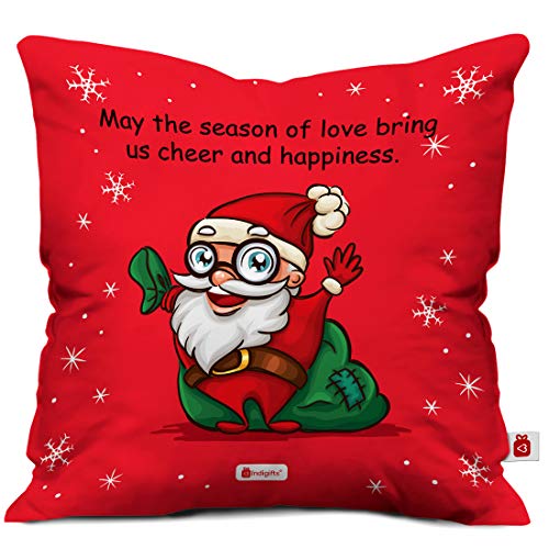 Indigifts Micro Satin Cheerful Santa Print Cushion Cover with Filler as Xmas Gift (Red, 12x12 inches)
