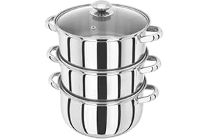 Judge Essentials Stainless Steel 3 Tier Steamer 24cm, Vented Glass Lid, Integral Casserole Pot, Oven Safe, Induction Ready