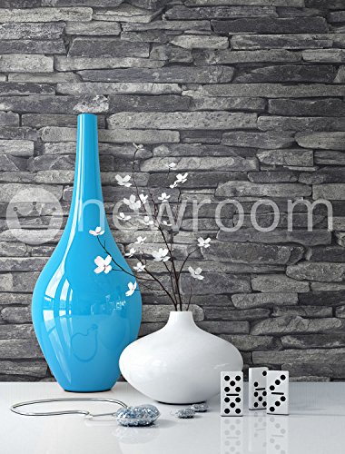 Steintapete Vlies Grau Schwarz | schöne edle Tapete im Steinmauer Design | moderne 3D Optik für Wohnzimmer, Schlafzimmer oder Küche inkl. der NewroomTapezier-Profibroschüre mit Tipps für perfekteWände - 4