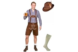A2ZFD Adult Mens Faux Suede Lederhosen Oktoberfest COSTUME + WOOL BLEND SOCKS + DELUXE BAVARIAN BROWN HAT : Beer Festival Stag Fancy Dress