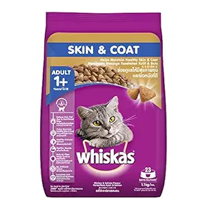 Whiskas Dry Food for Adult Cats (1+ Years), for Healthy Skin & Coat, Chicken & Salmon Flavour, 1.1kg