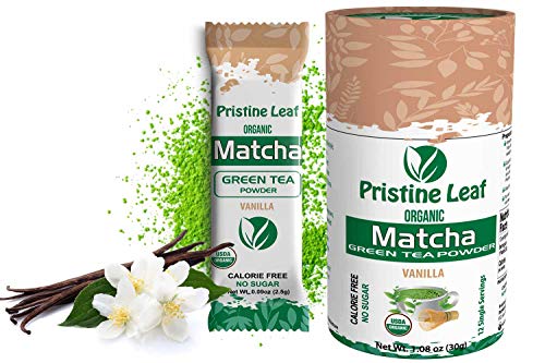 Pristine Leaf | Organic Matcha Green Tea Powder | Vanilla Flavored | 12 Single Serving Packs of 2.5g | Pure Natural | No Sugar | No Fillers | Calorie Free | Vegan | Gluten Free | USDA Organic