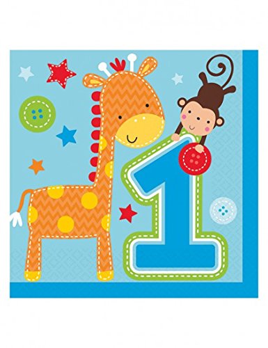 Servietten Happy Birthday 1 Geburtstag Giraffe Affe Blau Bunt 16 Stück Zweilagig 33 Cm Bunt