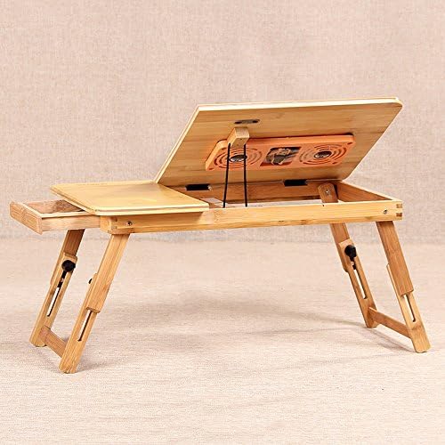 Folding table Adjustable Laptop Stand Bed Table, Foldable Sofa Breakfast Tray, Quality Notebook Stand, USB Fan Foldable Breakfast Serving Bed Tray ,play Games On Bed Table With Drawer (Bamboo Material/Table Legs Adjustable Height) ( Size : D )