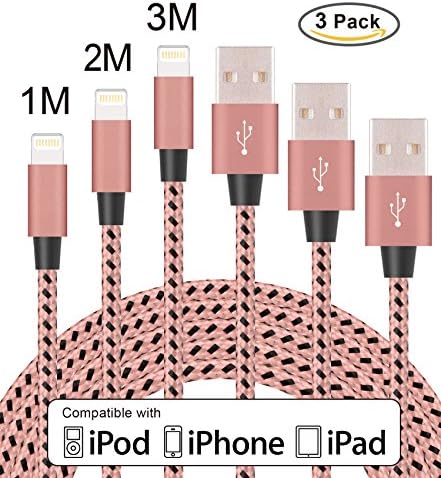 Flashstye 3 Pack 1M 2M 3M Nylon Braided Lightning to USB Cable Apple lightning cable for iPhone 7 Plus 6S Plus 6 Plus SE 5S 5C 5, iPad 2 3 4 Mini, iPad Pro Air, iPod.(Rose gold &amp; Black)