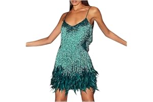 GMGM 2023 Robe à Paillettes Samba Tango Latin Robe avec Gland 1920 Party Club Robe de Danse sans Manches Bretelles Spaghetti Dos Nu Glitter Party Mini-Robe Costume de Danse Robe de Cocktail du Soir