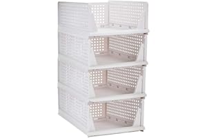 Ygapuzi 4Pack Stackable Clothes Storage Basket Organizer Sliding Cabinet Drawer Shelf DIY Divider Separator Desktop Container for Wardrobe Cupboard Kitchen Bathroom Office (White - 4Pack)