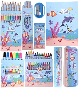 Toyshine 41 Pcs Coloring and Stationery Set Gift for Kids Boys Girls Toddler | Learning Educational Art Craft Indoor Game Gift Present Birthday for 3 4 5 6 7 8 9 Year Old- Sea Animals, Blue