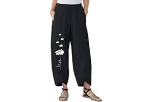 Minetom Pantalon Femme Été Pantalon Ample Léger Respirant Taille Elastique Pants 7/8 Casual Grande Taille de Plage Pantacourt Ample Elastique Sarouel Lâche