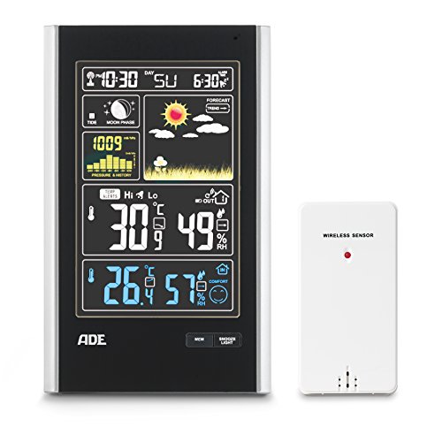 ADE Wetterstation WS 1600 mit Funk und Außensensor – digitale profi Funkwetterstation in schwarz – präzise Vorhersage der Innen- und Außen-Temperatur – mit großem Farb-Display, USB-Port und 1 Sensoren - 2