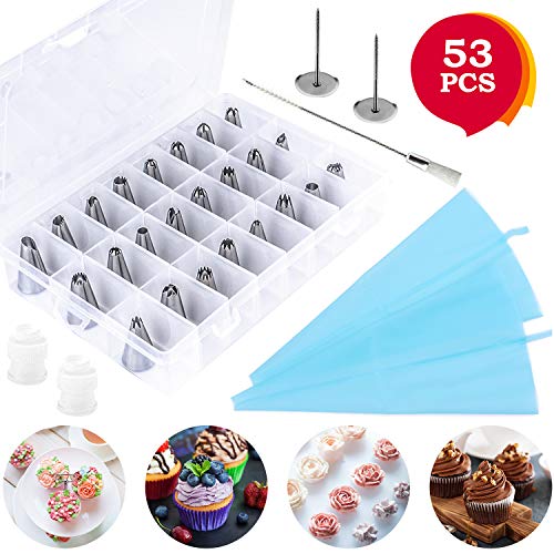 THETIS Boquillas para Manga Pastelera - Utensilios de Repostería con 36 Boquillas, 12 Bolsas Pastelerías, 2 Decoraciones Tartas, 2 Acopladores Reutilizables y 1 Cepillo de Limpieza