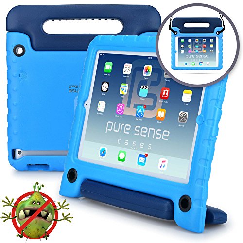 iPad 2/3 / 4 Funda para niños, Pure Sense Buddy Fuerte Anti Bacterias Libre de Gérmenes Tirante de Hombro Resistente A Prueba de Niños Protector de Juguetes Funda Portátil + el Mango Estante (Azul)