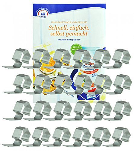WECK Einweck-Klammern, 24 Stück, aus Edelstahl, rostfrei, Einweck-Zubehör, luftdicht verschließen, einwecken, einkochen, passend für WECK-Rundrandgläser incl. Gelierzauber Rezeptheft von Diamantzucker