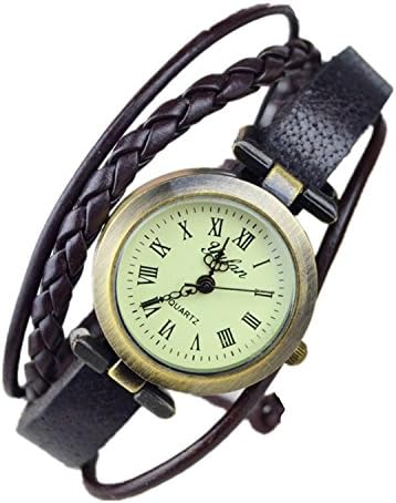 Genuine Vintage Leather Band Cuff Women Bracelet Wrist Quartz Watch Ladies Black