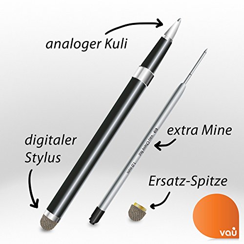 vau Stylus Plus 2.0 – schwarz – Eingabestift & Kugelschreiber für Apple iPhone, iPad + Galaxy Tab, S4, S5 & Co. + EXTRA Ersatzmine & Spitze - 3