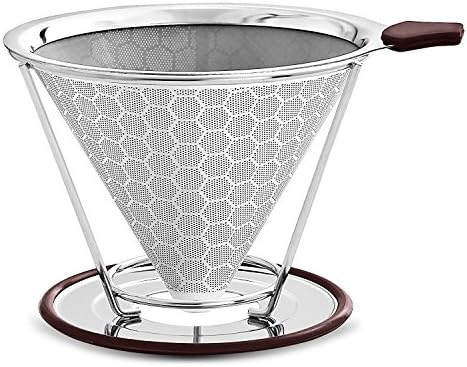 Coffee Filter Stainless Steel YBWM Pour Over Double Metal Mesh Coffee Dripper Cone with Seperate Stand by FDA Certified Food Grade Portable&amp;Paperless Permanent Coffee Maker for 1-4cups