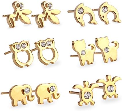 LUXUSTEEL Owl,Cat,Elephant Shape earrings studs Zirconia Made of 316L Stainless Steel in 18K Gold plated