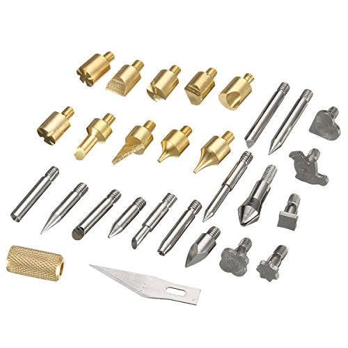 28PCS Brandmalerei Lötkolben Set, GOCHANGE Brandmalkolben 15 x Holz Brennen, 10 x Löten Tipps, 2 x Schablonen, 1 x Schneidmesser mit Metall Spannzange für Pyrographie, Carving
