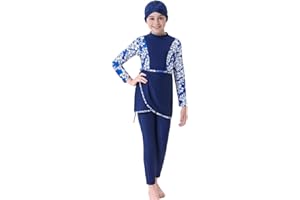 IMEKIS Girls Modest Muslim Swimwear UPF 50+ UV Islamic Hijab Swimsuit Long Sleeve Top Shirt with Short Pants Swim Cap 3pcs Bathing Suit Beachwear