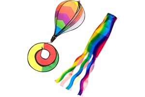 EASNEA 2Pcs Rainbow Windsocks Spinner Flag Outdoor Windsock Streamer Hanging Decor for Garden Patio Festival - Tassels & Hot Air Balloon