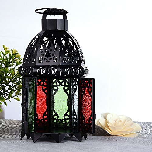 Marokkanischen Stil Matte Black Gusseisen Handgefertigte Octagonal Kerze Laterne mit Multicolor Strukturglas , Dekoration für Wohnzimmer, Balkon, Terrasse, Veranda und Garten - 8