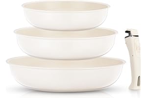 FOHERE Lot de 3 Poêles 20/24/28 cm avec Poignée Amovible, Poele Induction pour Tous les Types de Plaques de Cuisson, Poele Ceramique, Passe au four et au Lave-vaisselle, Aluminium, Beige