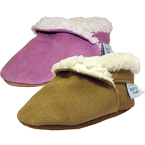 Soft suede baby slippers for girls by Dotty Fish with Suede Soles. Pink 12-18 Months