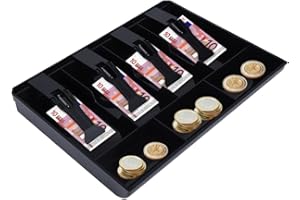 BUACHOIS Cash Box Cash Drawer Replacement Register Compartment with 4 Bills 3 Coin Compartments 32 x 24.5 x 3.5 cm Black Insert Cash Drawer for Supermarket Shops Mall Grocery Store