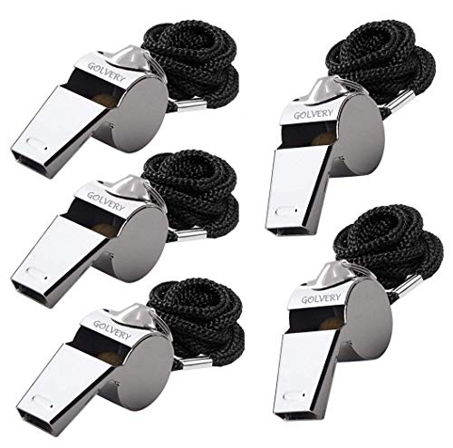 Golvery Sports Whistle Metal Referee Coach Whistle with Lanyard for Team Training , Soccer, Football, Basketball, Security and Emergency Survival, Stainless Steel 5 of pack