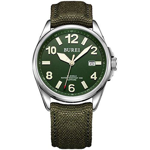 Burei® Männer-Militärstil Automatisch Tagesanzeige-Armbanduhr Wasserdichte Armbanduhr mit Canvas-Strap (Grün 2)