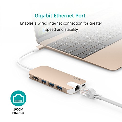 USB C Hub QacQoc USB C Adapter mit Typ C Ladeanschluss, HDMI Port, Gigabit LAN, SD-Kartenleser, Micro SD-Kartenleser, 3 USB 3.0 Port für Typ C Geräte wie MacBook, MacBook Pro, Google Chromebook (Gold) - 4