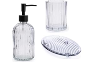 Home Deco London Set of 3 Modern Transparent Pressed Glass Bathroom Accessory Set, Includes Liquid Soap or Lotion Dispenser, Toothbrush Holder, Soap Dish (Clear Smoked Set of 3)