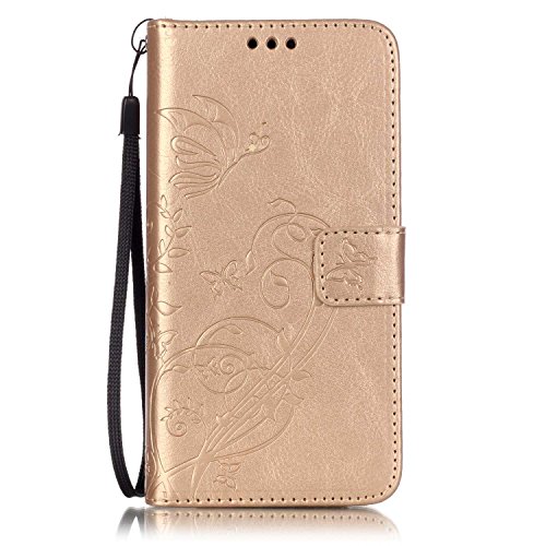 Wiko Rainbow Hülle,Wiko Rainbow 4G Ledertasche Brieftasche im BookStyle,SainCat PU Leder Wallet Case Folio Reliefprägung Schutzhülle Schmetterling Muster Hülle Braun Bumper Handytasche Skin Schale Soft Backcover Handy Tasche Flip Cover Buchstil Klapptasche in Lederoptik mit Standfunktion Karteneinschub und Magnetverschluß Etui Flip Case für Wiko Rainbow 4G (Golden)