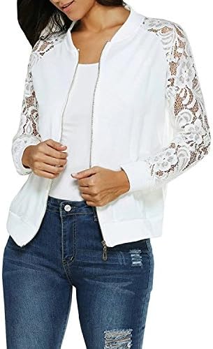 Gemijacka Womens Jacket Raglan Lace Long Sleeve Full Zip Bomber Casual Short Coat by