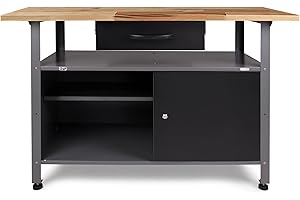 Ondis24 Banco da lavoro Klaus 120 cm, in metallo, porta con serratura, piedini regolabili in altezza (altezza di lavoro 85 cm, piastra di faggio nera)