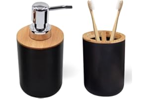 Biberty Set de Baño Negro y Bambú - Dispensador de Jabón 375ml y Porta Cepillo, Accesorios sin Taladro