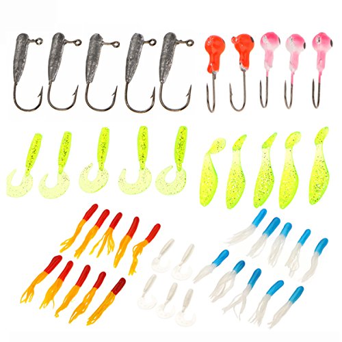 LONGQI 35 Pcs gummiködern und 100 Führen Kopf lureshooks Angelköder Set