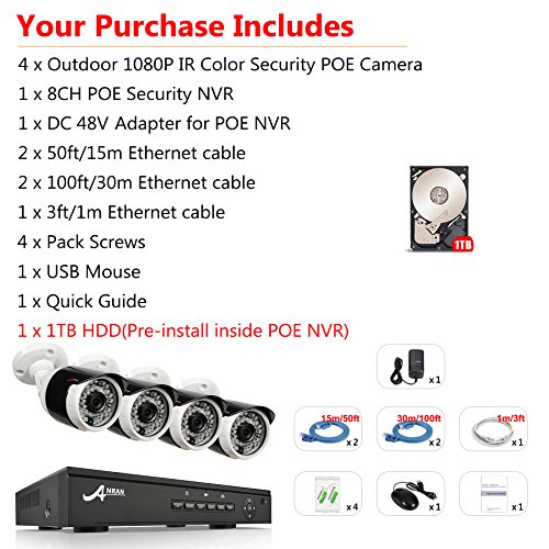 ANRAN 8 Channel POE Security NVR System with 4pcs Outdoor Indoor 1080P CCTV Surveillance Bullet Cameras, Power over Ethernet, Free Remote View, Pre-installed 1TB Hard Drive