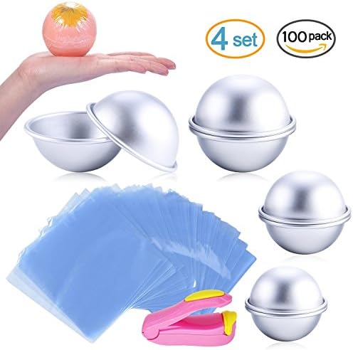 DIY Metal Bath Bomb Mold 3 Size 4 Set - with 100 pcs Shrink Wrap Bags 6 x 6 Inch - LUOJI Mini Sealer - for Bath Bomb Making, Handmade Soaps and Crafts