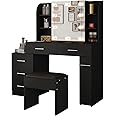 Modern Makeup Vanity Table with Sliding Mirror & 3-Mode LED Lights, Dressing Table with 5 Large Drawer, LED Lights & PU Stool for Bedroom, Black