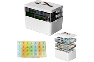 Buithafu Caja de medicamentos de 3 niveles – Caja de almacenamiento grande para tabletas y primeros auxilios con cierre seguro, 3 niveles, fácil de transportar, caja de plástico resistente (blanco)