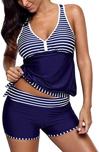YuanYan Womens' Sailor Style Stripe Print Tankini Top With Boyshort 2 Pcs Bowknot Side Tummy Control Swimming Costume