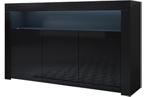 ‎MB MUEBLES BONITOS MB Muebles Bonitos | Modernes Sideboard | Breite 155 x Höhe 91,5 x Tiefe 37 cm | Glänzendes Melamin | Schwarz | Wohnzimmer TV-Lowboard | Modell Aker