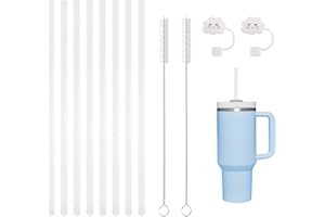 LFBEST 8 sztuk silikonowych słomek do Stanley Cup, wielokrotnego użytku, przezroczyste słomki, 35 cm, kompatybilne ze Stanley, akcesoria 20/30/40 uncji, z 2 szczotkami do czyszczenia, 2 osłonami do słomek