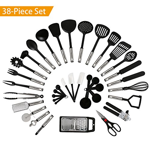 NexGadget Premium-38-Stücke Sets von Kochgeschirr mit Edelstahl und Nylon Kochen Tools einschließlich Löffel, Turners, Tongs, Schneebesen , Dosenöffner, Schäler, Schaber, Messbecher und Löffel
